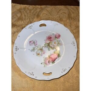 Antique KL Germany Porcelain Handled Serving Plate 9" Pink White Rose Floral